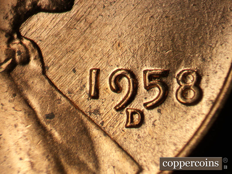 Die-stage B marker on 1958D•1MM•009 (1958 Repunched Mint Mark).