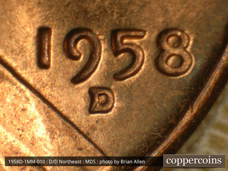 Die-stage B marker on 1958D•1MM•010 (1958 Repunched Mint Mark).