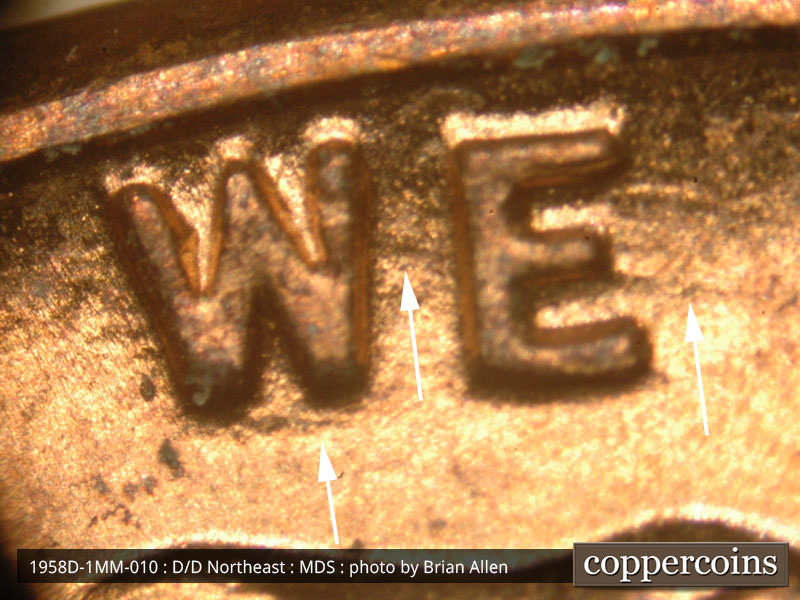 Die-stage B marker on 1958D•1MM•010 (1958 Repunched Mint Mark).