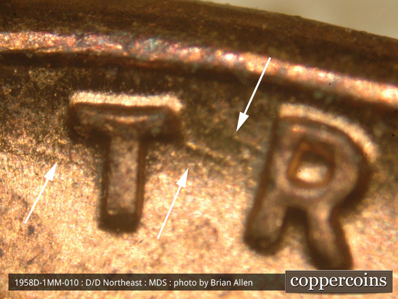 Die-stage B marker on 1958D•1MM•010 (1958 Repunched Mint Mark).