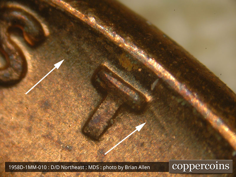 Die-stage B marker on 1958D•1MM•010 (1958 Repunched Mint Mark).