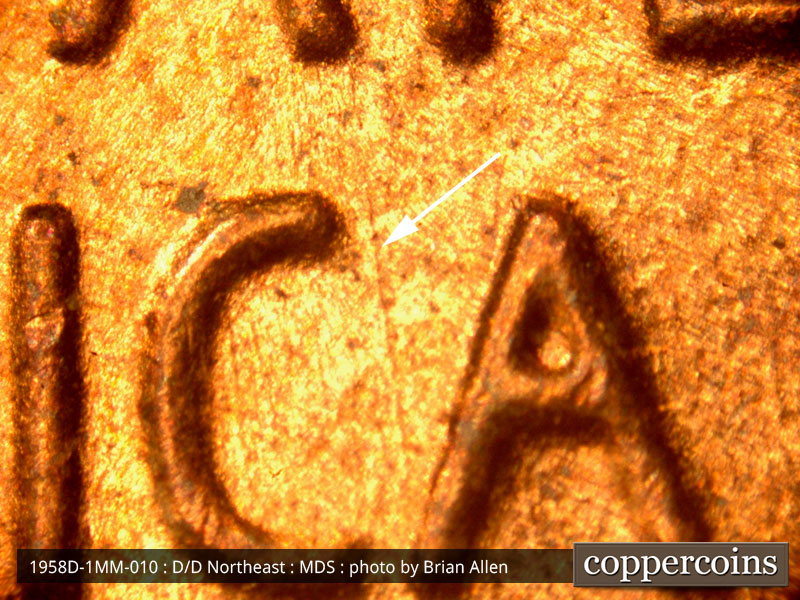 Die-stage B marker on 1958D•1MM•010 (1958 Repunched Mint Mark).