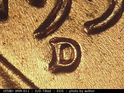 Die-stage A marker on 1958D•1MM•011 (1958 Repunched Mint Mark).