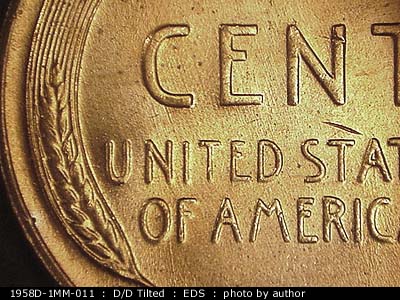 Die-stage A marker on 1958D•1MM•011 (1958 Repunched Mint Mark).