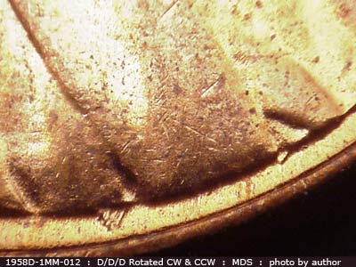 Die-stage B marker on 1958D•1MM•012 (1958 Repunched Mint Mark).