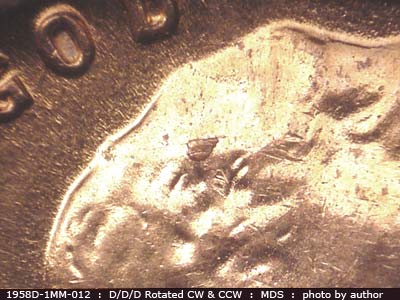 Die-stage B marker on 1958D•1MM•012 (1958 Repunched Mint Mark).