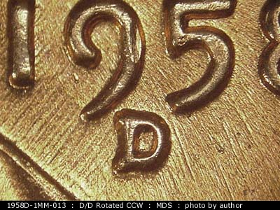 1958 Lincoln cent obverse, CopperCoins die 1958D•1MM•013.