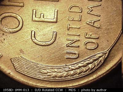 Die-stage B marker on 1958D•1MM•013 (1958 Repunched Mint Mark).