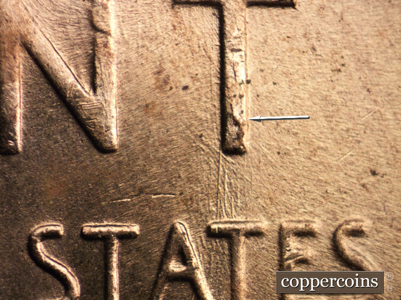 Die-stage B marker on 1958D•1MM•015 (1958 Repunched Mint Mark).