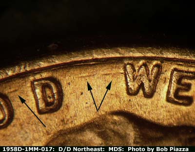 Die-stage B marker on 1958D•1MM•017 (1958 Repunched Mint Mark).
