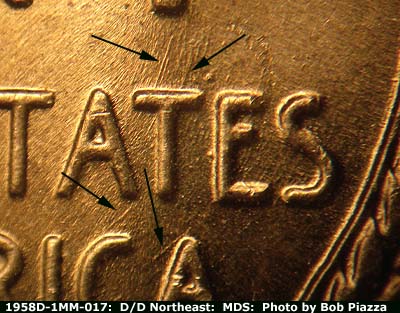 Die-stage B marker on 1958D•1MM•017 (1958 Repunched Mint Mark).