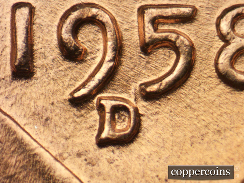 Die-stage C marker on 1958D•1MM•017 (1958 Repunched Mint Mark).