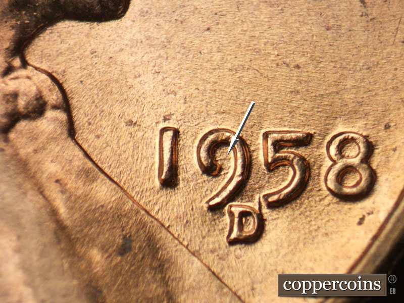Die-stage C marker on 1958D•1MM•017 (1958 Repunched Mint Mark).