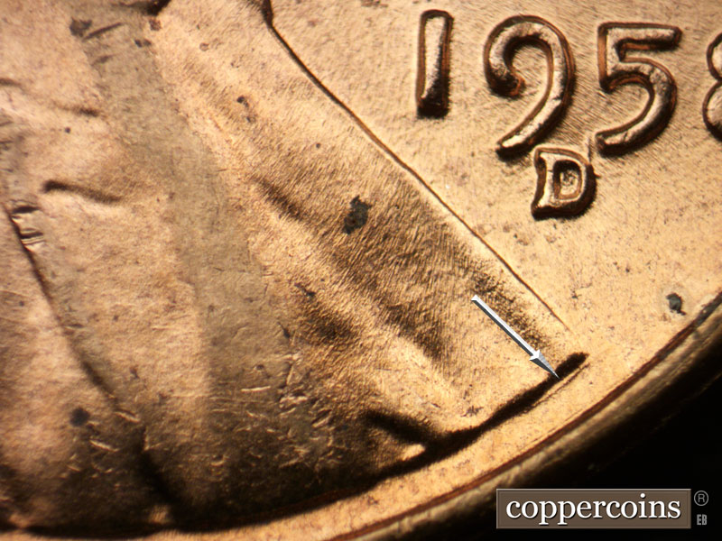 Die-stage C marker on 1958D•1MM•017 (1958 Repunched Mint Mark).