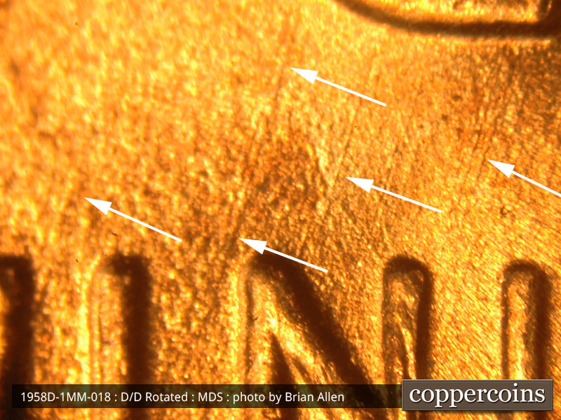 Die-stage B marker on 1958D•1MM•018 (1958 Repunched Mint Mark).