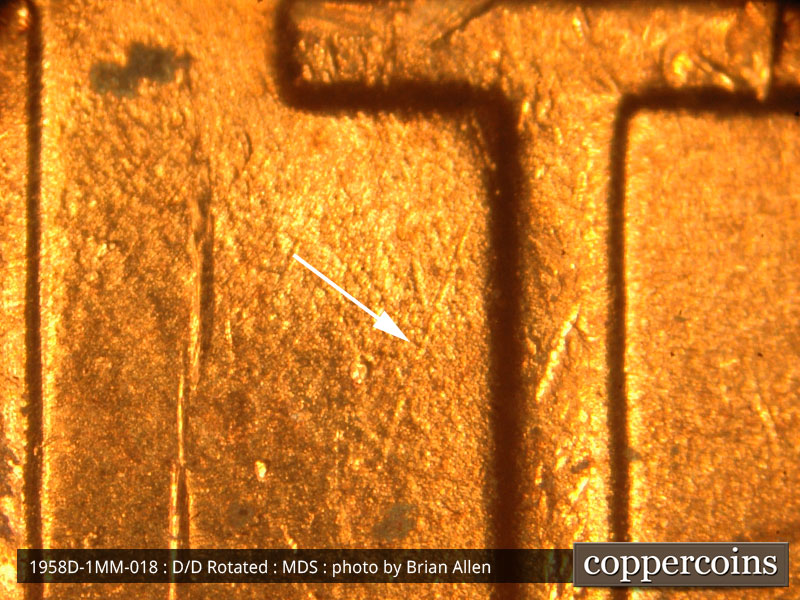 Die-stage B marker on 1958D•1MM•018 (1958 Repunched Mint Mark).