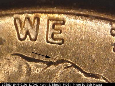 Die-stage B marker on 1958D•1MM•019 (1958 Repunched Mint Mark).