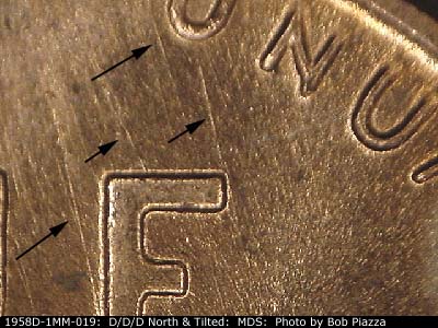 Die-stage B marker on 1958D•1MM•019 (1958 Repunched Mint Mark).