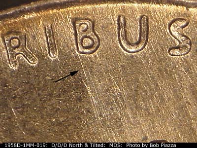 Die-stage B marker on 1958D•1MM•019 (1958 Repunched Mint Mark).