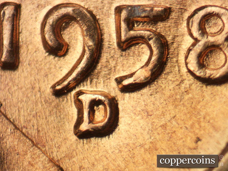 Die-stage A marker on 1958D•1MM•020 (1958 Repunched Mint Mark).