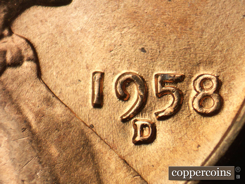 Die-stage A marker on 1958D•1MM•020 (1958 Repunched Mint Mark).