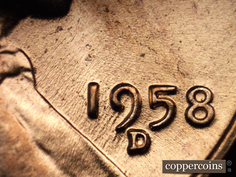 Die-stage B marker on 1958D•1MM•020 (1958 Repunched Mint Mark).