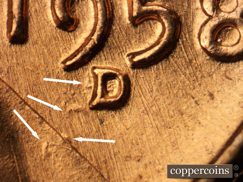 1958 Lincoln cent obverse, CopperCoins die 1958D•1MM•021.
