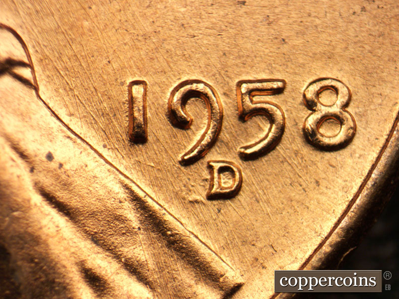 Die-stage B marker on 1958D•1MM•021 (1958 Repunched Mint Mark).