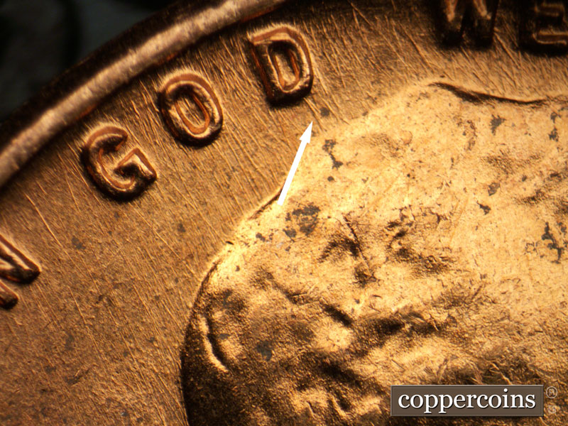 Die-stage B marker on 1958D•1MM•021 (1958 Repunched Mint Mark).