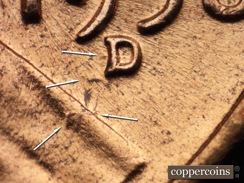Die-stage C marker on 1958D•1MM•021 (1958 Repunched Mint Mark).