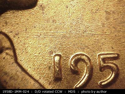 Die-stage B marker on 1958D•1MM•024 (1958 Repunched Mint Mark).