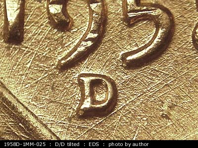 Die-stage A marker on 1958D•1MM•025 (1958 Repunched Mint Mark).