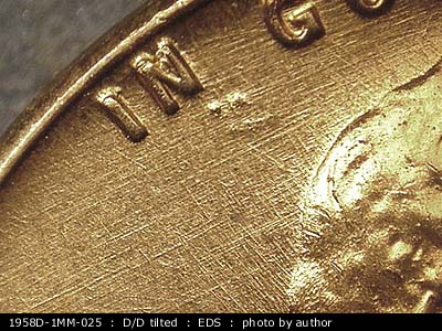 Die-stage A marker on 1958D•1MM•025 (1958 Repunched Mint Mark).