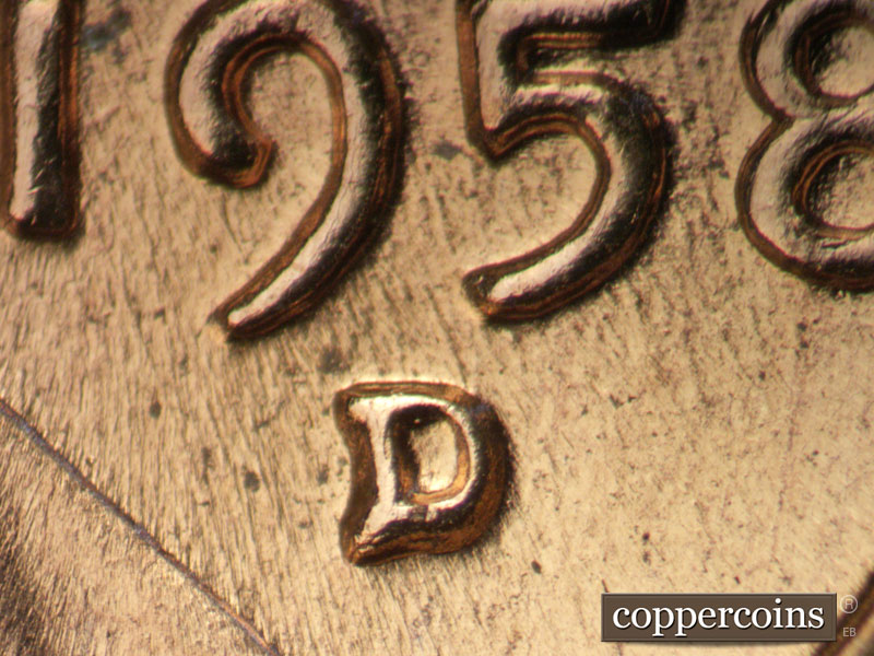 1958 Lincoln cent obverse, CopperCoins die 1958D•1MM•026.
