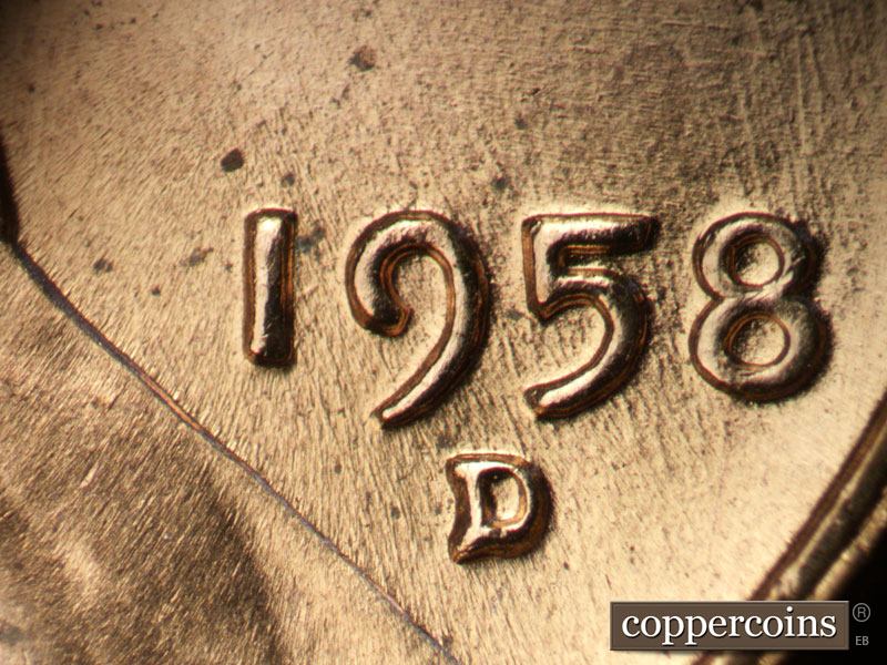 Die-stage B marker on 1958D•1MM•026 (1958 Repunched Mint Mark).