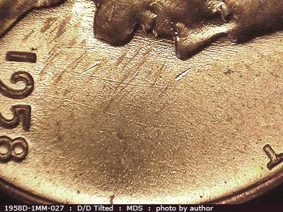 Die-stage B marker on 1958D•1MM•027 (1958 Repunched Mint Mark).