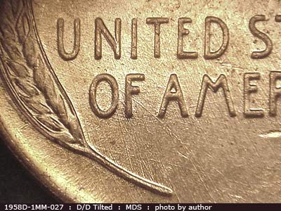 Die-stage B marker on 1958D•1MM•027 (1958 Repunched Mint Mark).