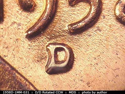 1958 Lincoln cent obverse, CopperCoins die 1958D•1MM•031.
