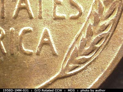 Die-stage B marker on 1958D•1MM•031 (1958 Repunched Mint Mark).