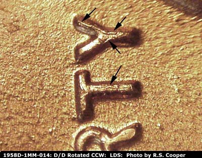 Die-stage C marker on 1958D•1MM•031 (1958 Repunched Mint Mark).