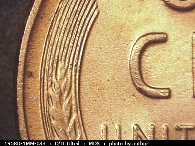 Die-stage B marker on 1958D•1MM•033 (1958 Repunched Mint Mark).