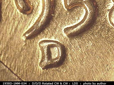 Die-stage C marker on 1958D•1MM•034 (1958 Repunched Mint Mark).