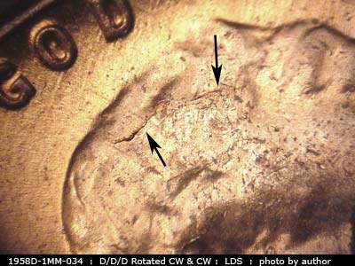 Die-stage C marker on 1958D•1MM•034 (1958 Repunched Mint Mark).