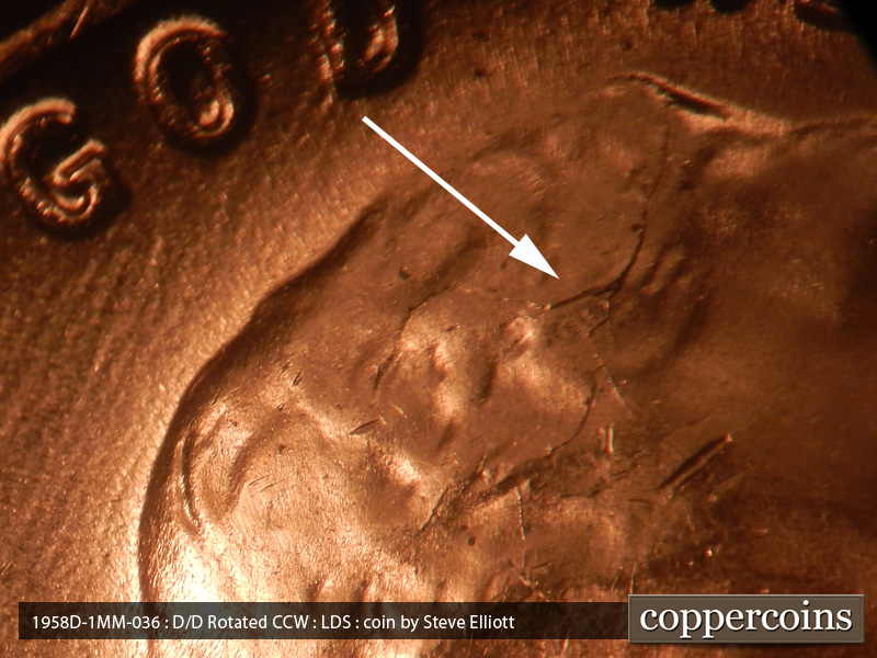 Die-stage C marker on 1958D•1MM•036 (1958 Repunched Mint Mark).