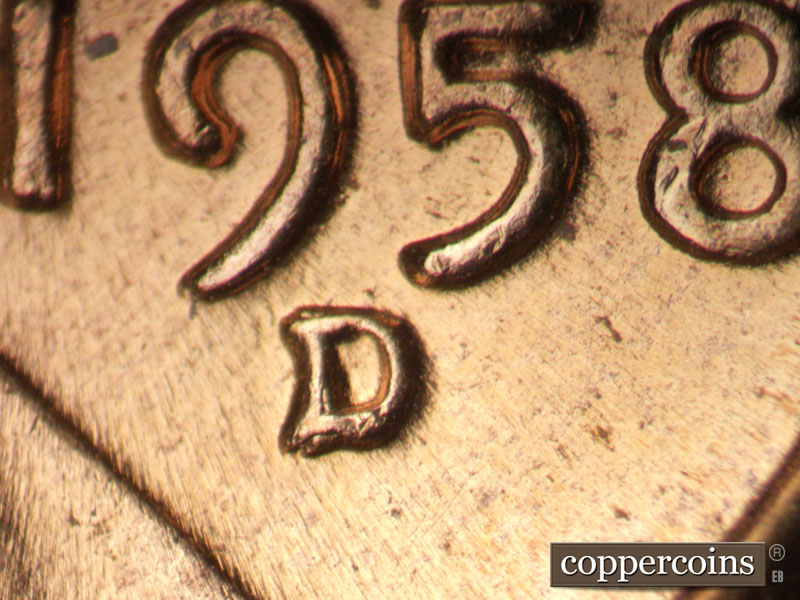 1958 Lincoln cent obverse, CopperCoins die 1958D•1MM•039.