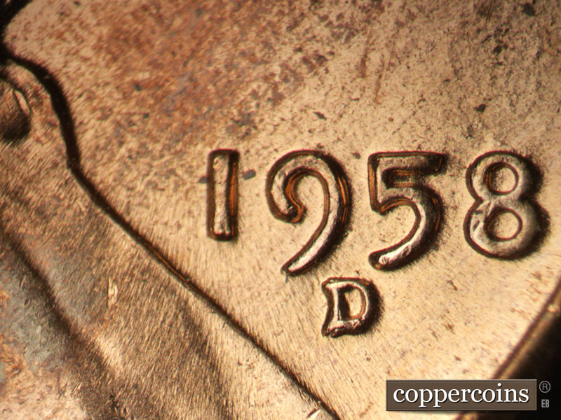 Die-stage B marker on 1958D•1MM•039 (1958 Repunched Mint Mark).