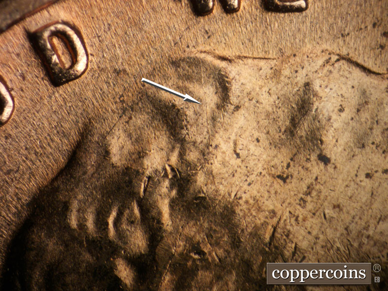 Die-stage B marker on 1958D•1MM•039 (1958 Repunched Mint Mark).