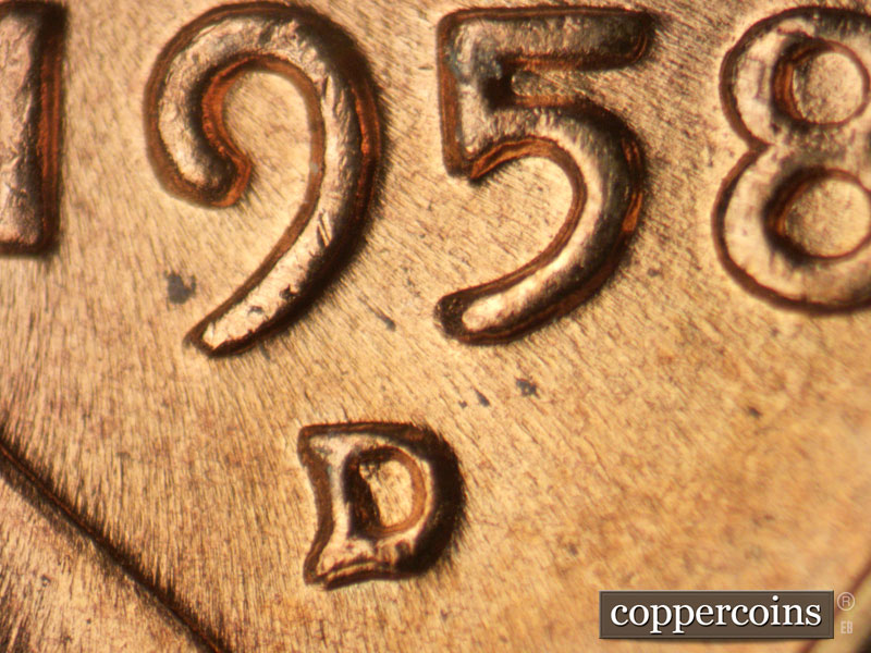 1958 Lincoln cent obverse, CopperCoins die 1958D•1MM•040.