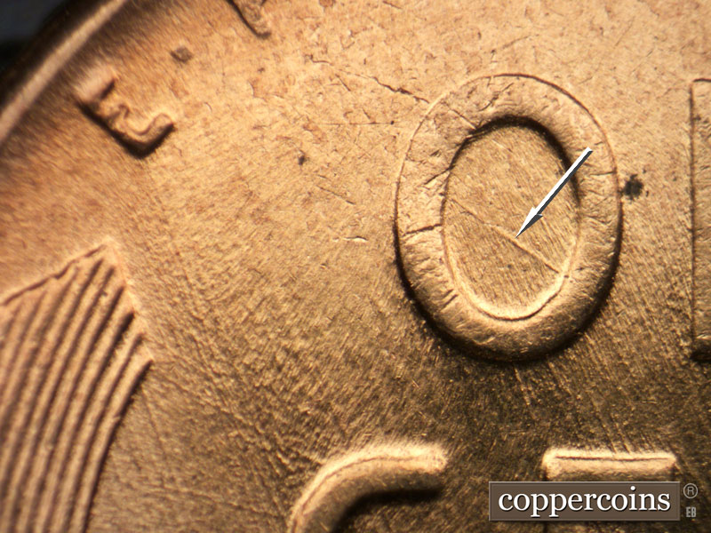 Die-stage B marker on 1958D•1MM•040 (1958 Repunched Mint Mark).