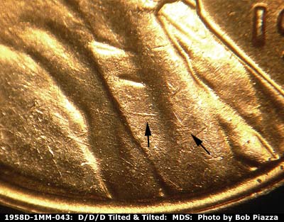 Die-stage B marker on 1958D•1MM•043 (1958 Repunched Mint Mark).